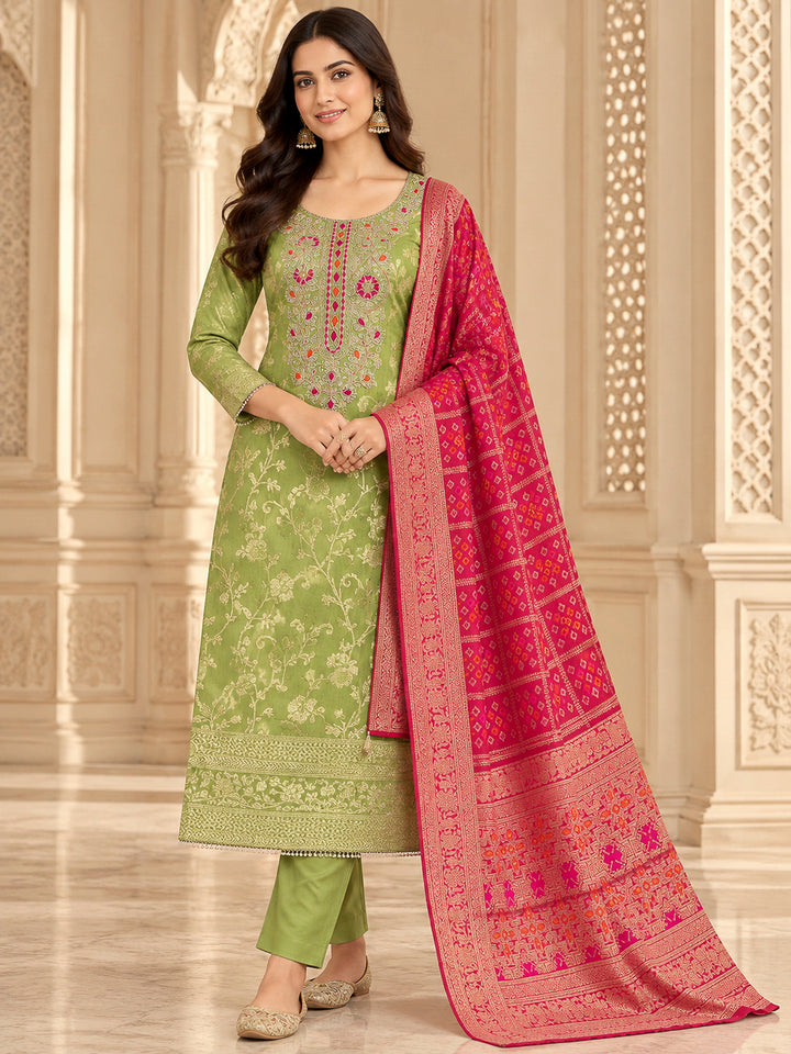 Pista Green Chanderi Embroidered Unstitched Dress Material