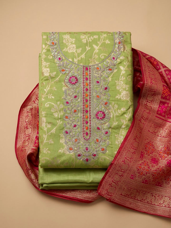 Pista Green Chanderi Embroidered Unstitched Dress Material