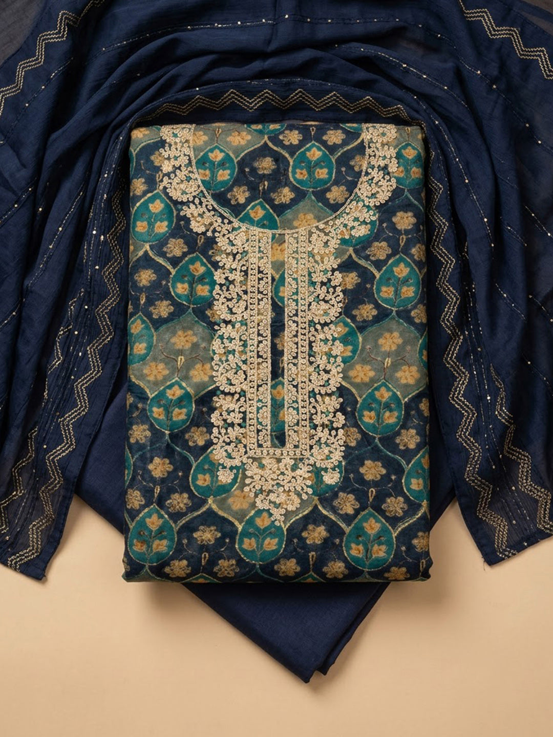 Blue Cotton Blend Embroidered Unstitched Dress Material