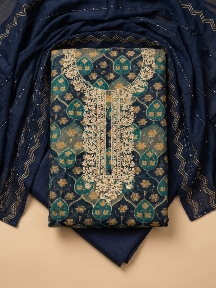 Blue Cotton Blend Embroidered Unstitched Dress Material