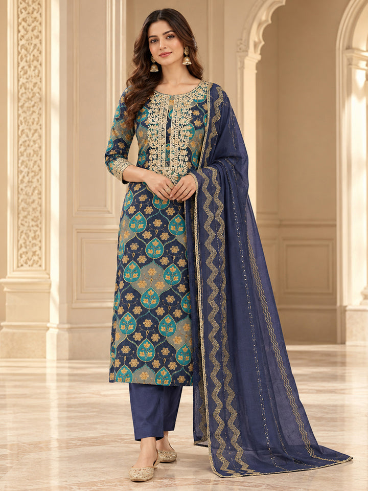 Blue Cotton Blend Embroidered Unstitched Dress Material