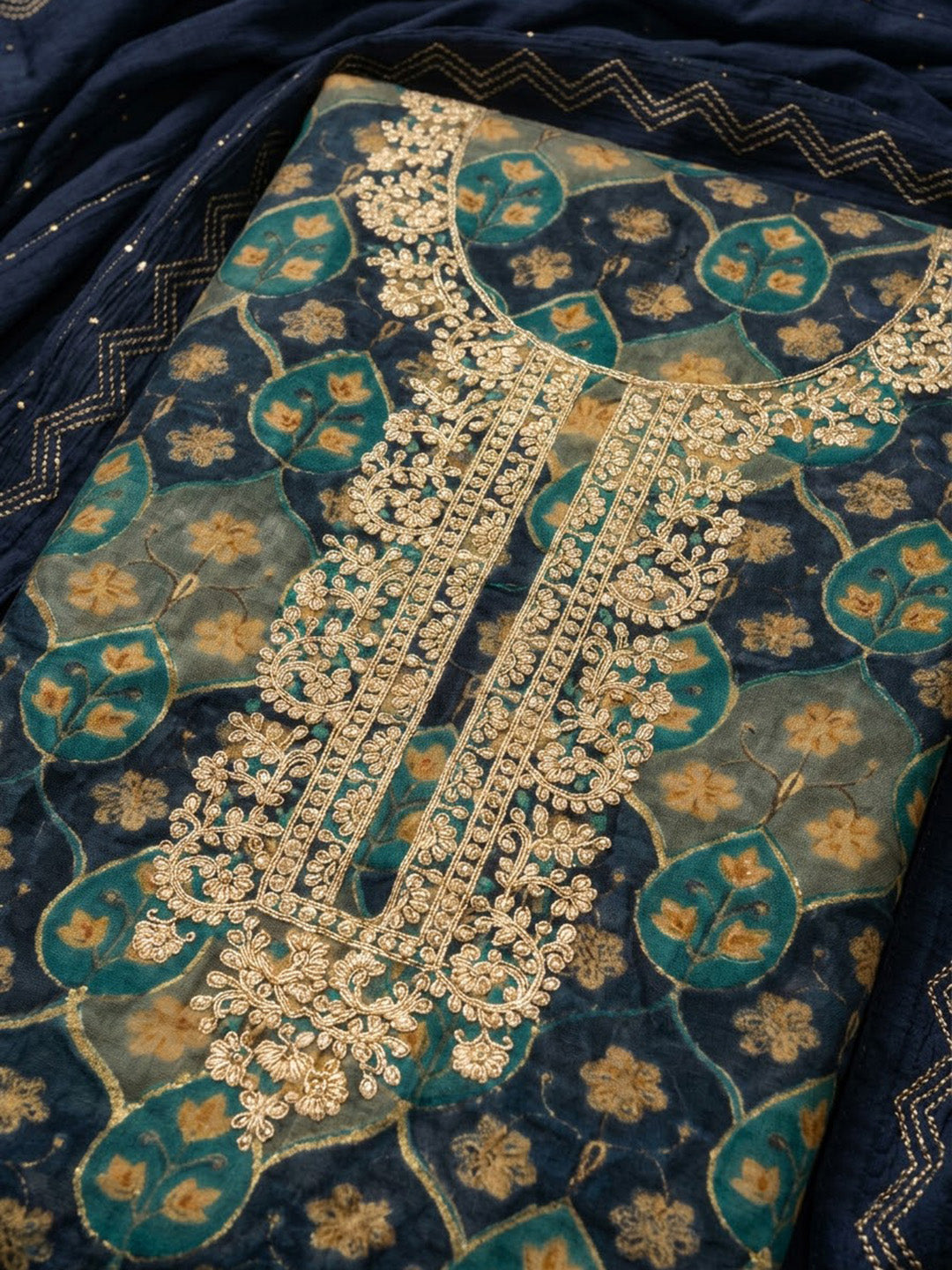 Blue Cotton Blend Embroidered Unstitched Dress Material