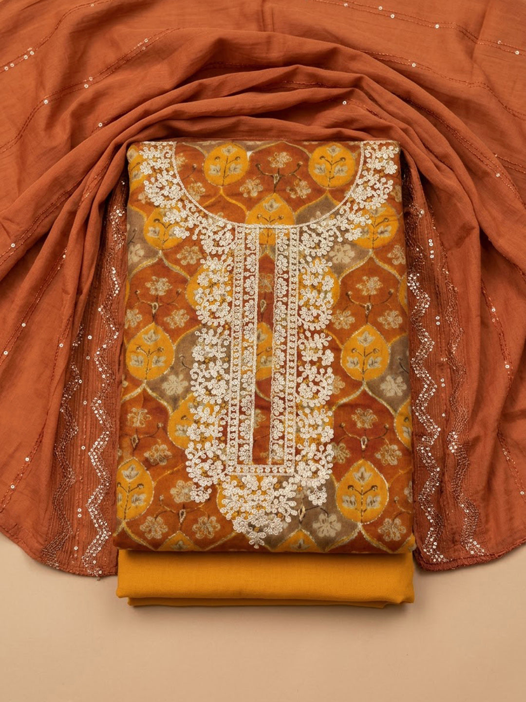 Mustard Cotton Blend Embroidered Unstitched Dress Material