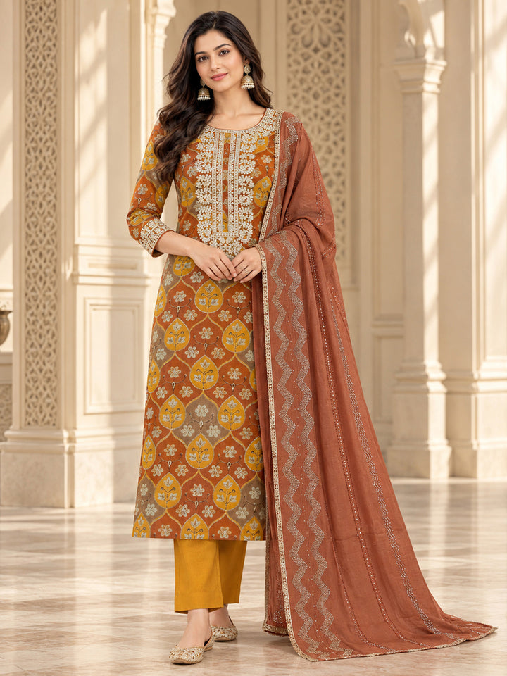 Mustard Cotton Blend Embroidered Unstitched Dress Material