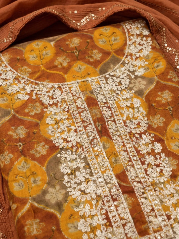 Mustard Cotton Blend Embroidered Unstitched Dress Material