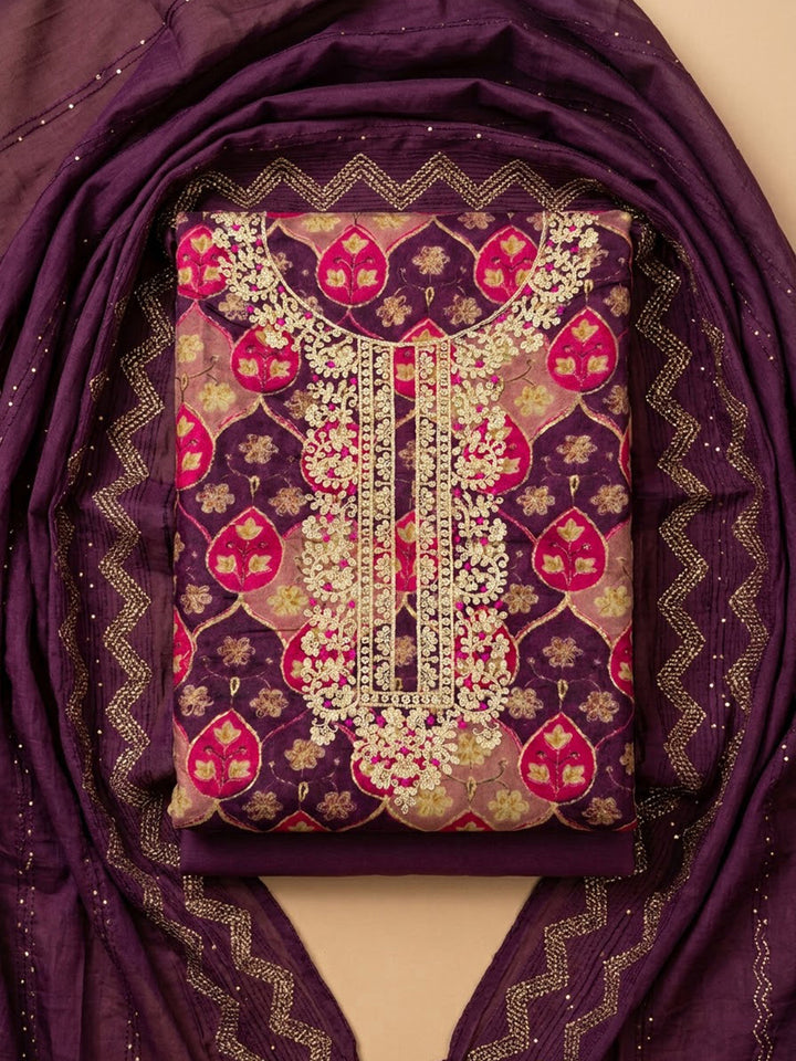 Purple Cotton Blend Embroidered Unstitched Dress Material