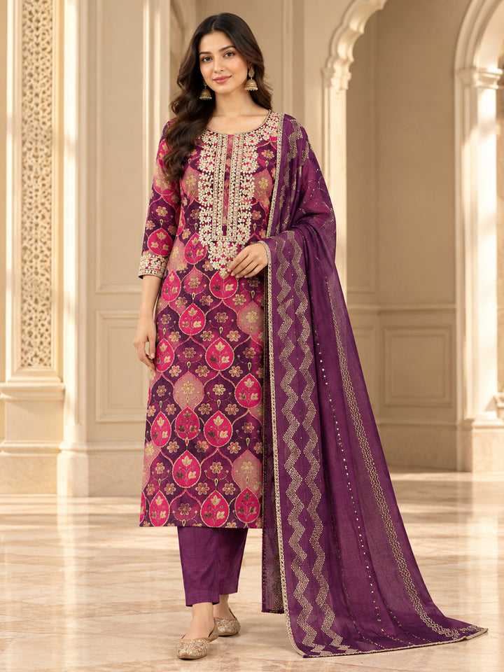 Purple Cotton Blend Embroidered Unstitched Dress Material