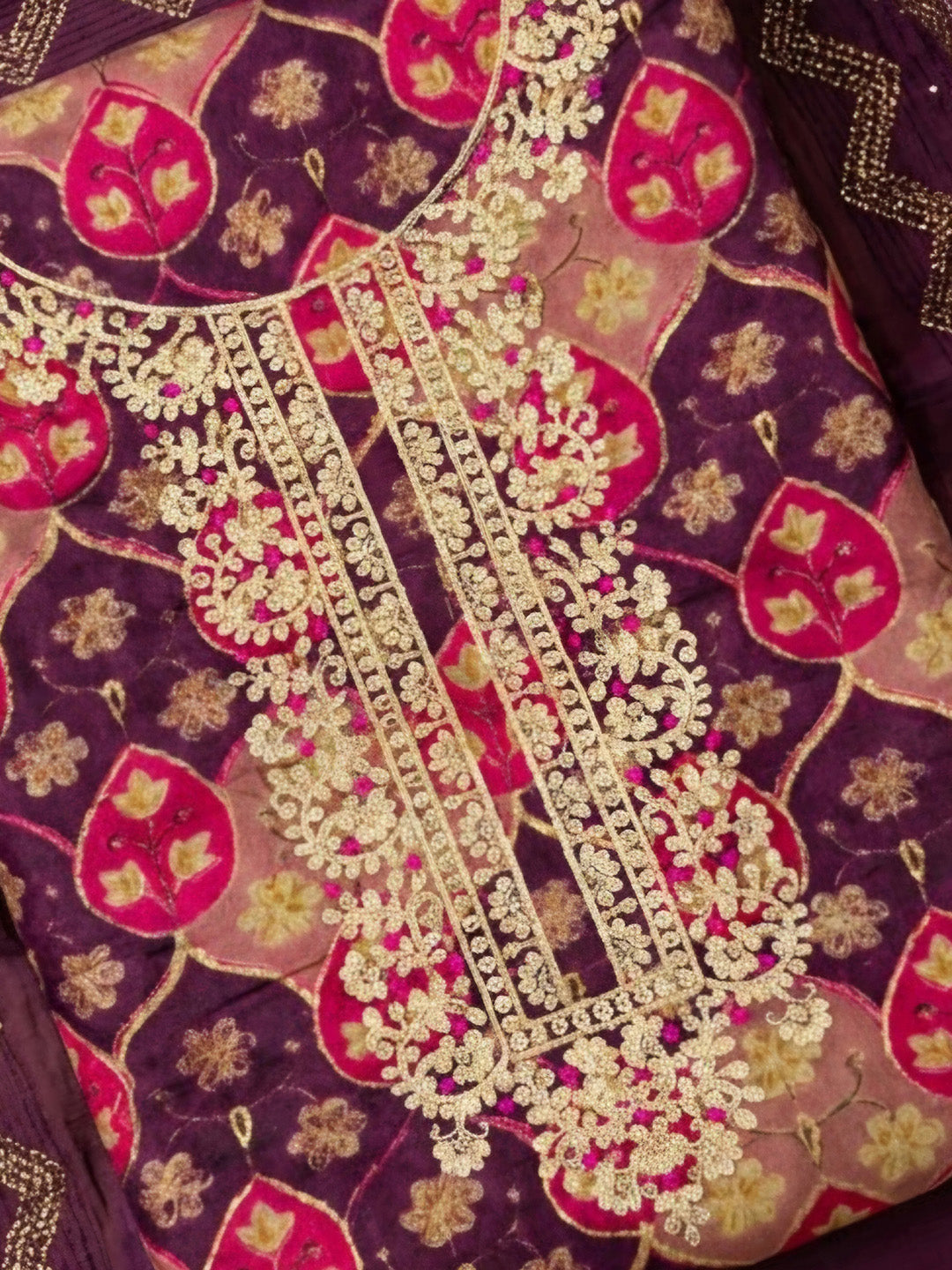 Purple Cotton Blend Embroidered Unstitched Dress Material