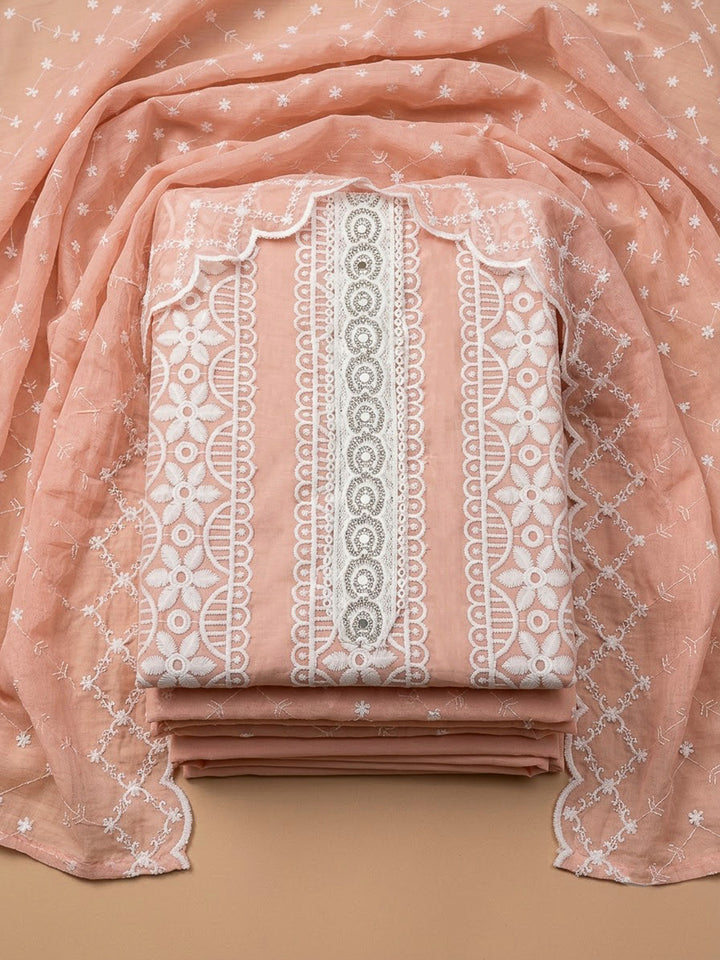 Peach Cotton Blend Printed Unstitched Dress Material