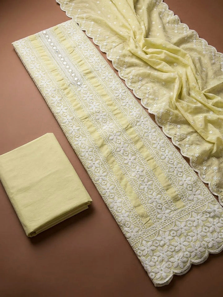 Yellow Cotton Blend Printed Unstitched Dress Material