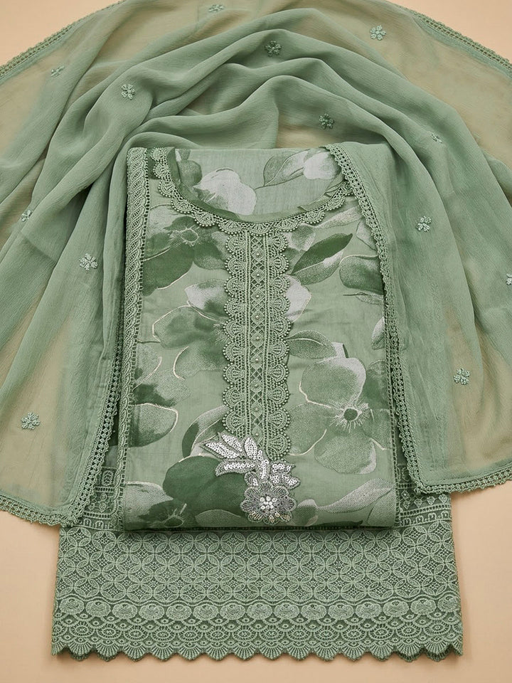 Aqua Green Cotton Blend Embroidered Unstitched Dress Material