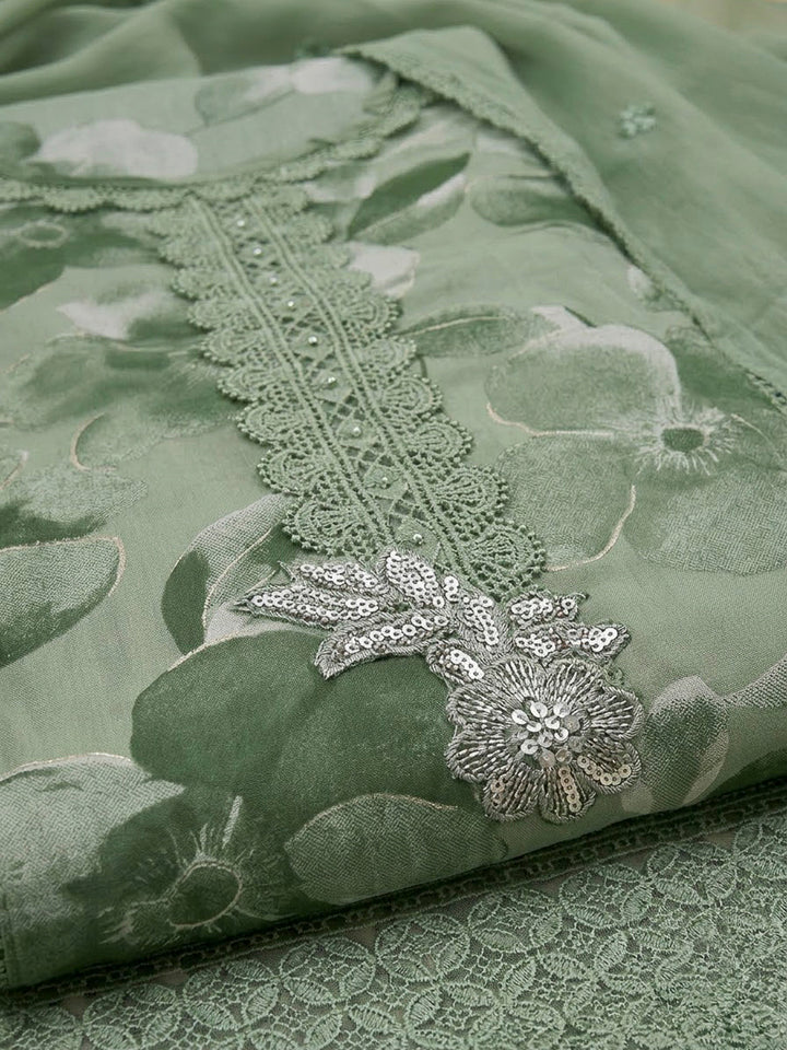 Aqua Green Cotton Blend Embroidered Unstitched Dress Material
