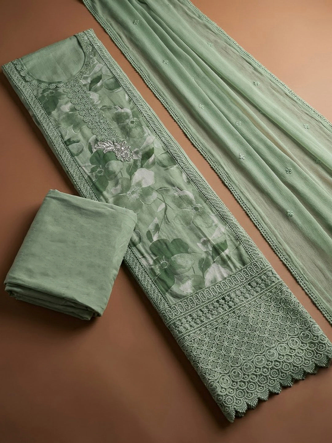Aqua Green Cotton Blend Embroidered Unstitched Dress Material