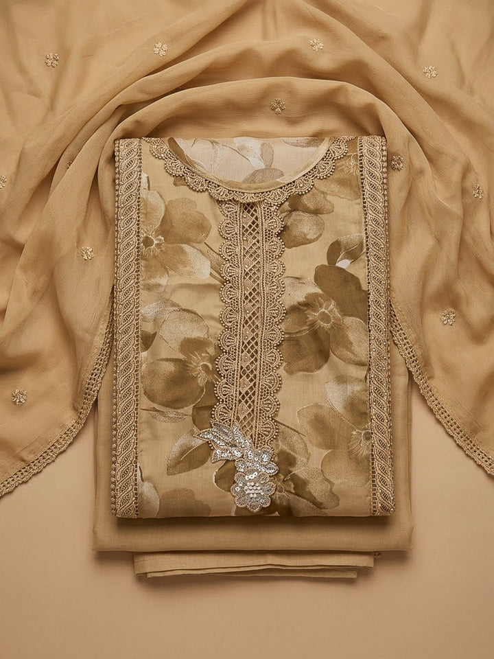 Beige Cotton Blend Embroidered Unstitched Dress Material