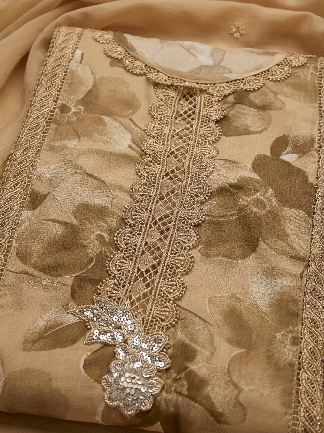 Beige Cotton Blend Embroidered Unstitched Dress Material