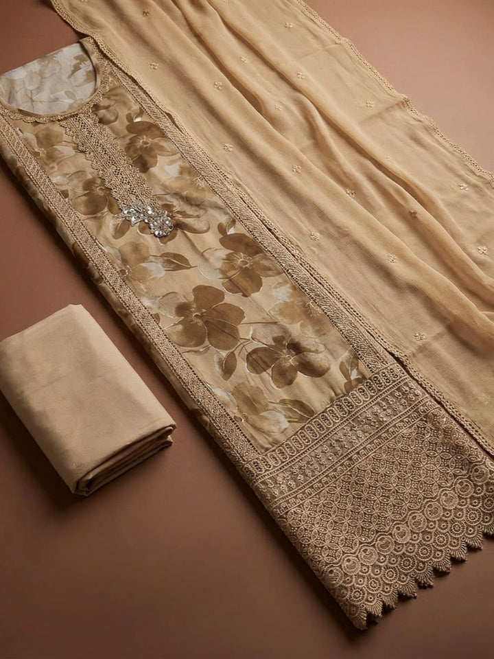 Beige Cotton Blend Embroidered Unstitched Dress Material