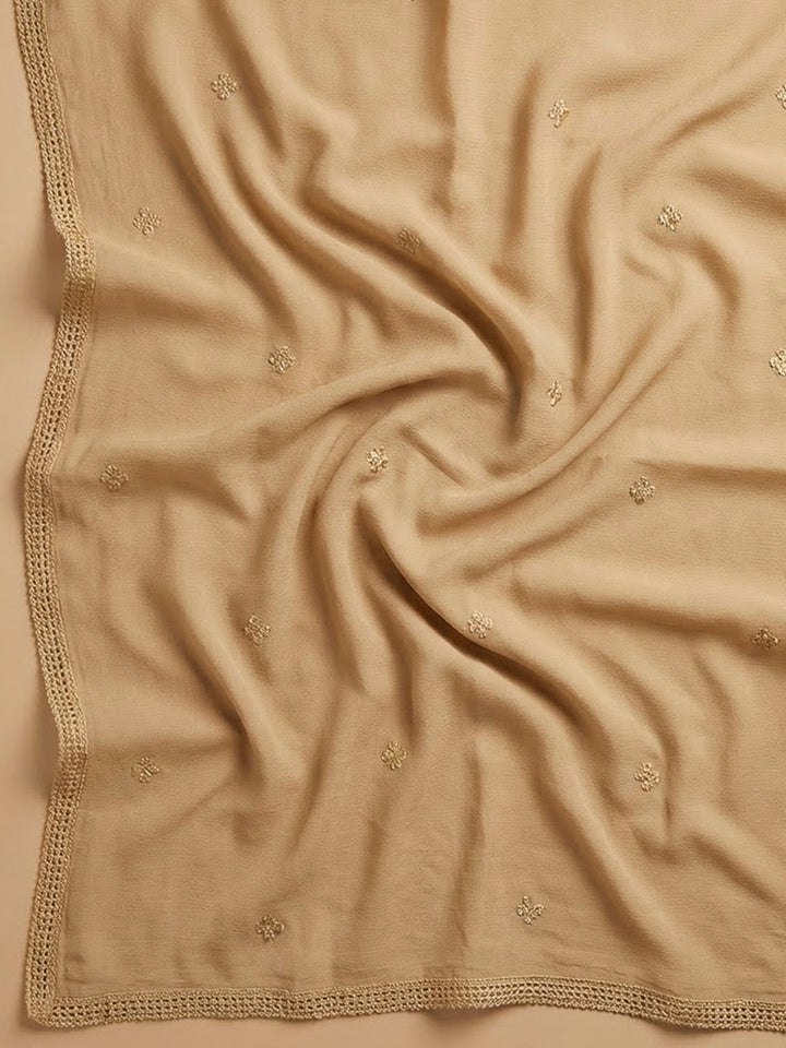 Beige Cotton Blend Embroidered Unstitched Dress Material