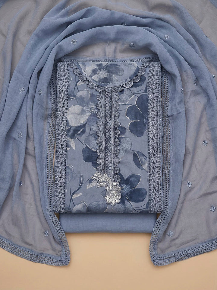 Grey Cotton Blend Embroidered Unstitched Dress Material