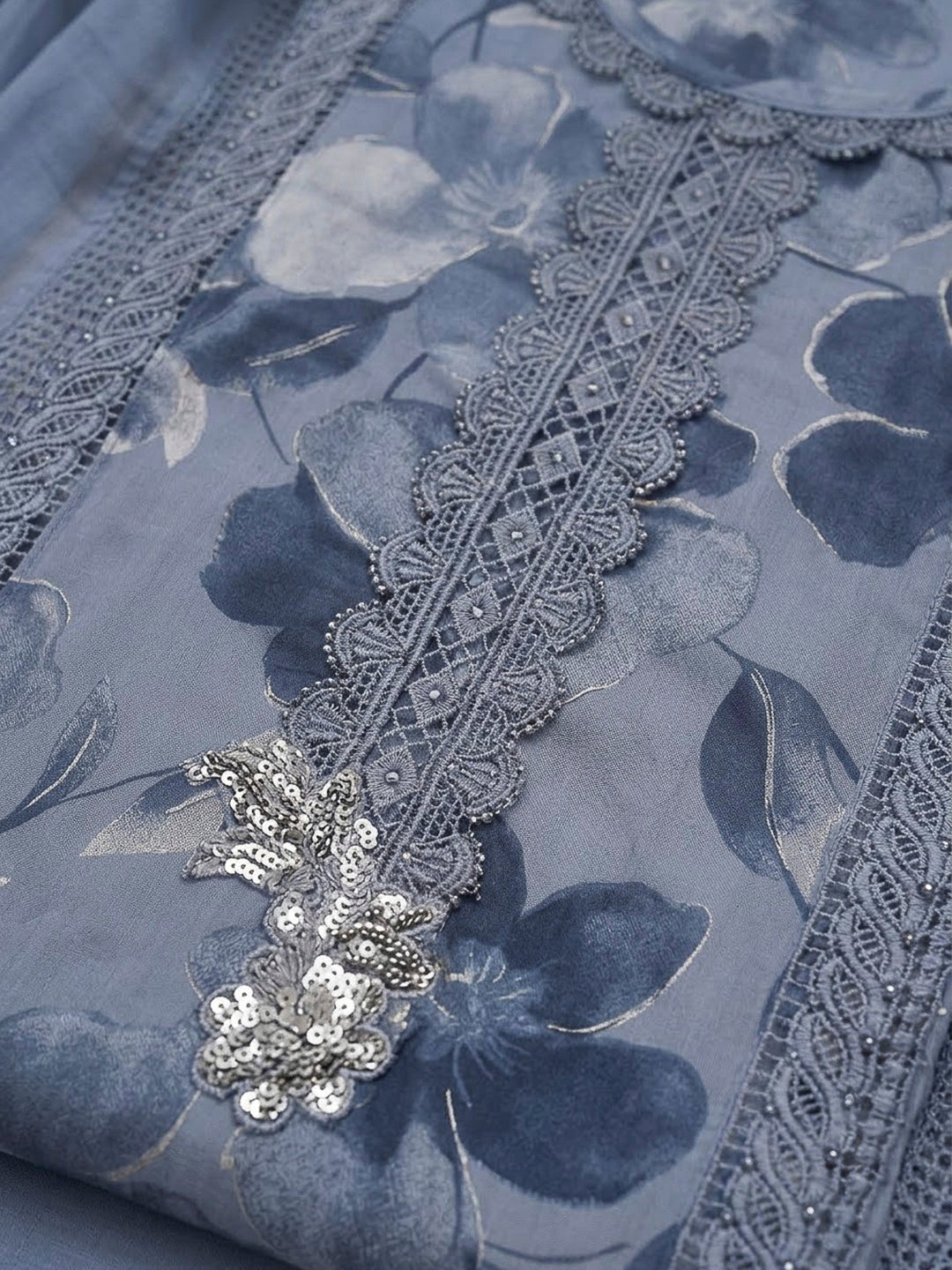 Grey Cotton Blend Embroidered Unstitched Dress Material