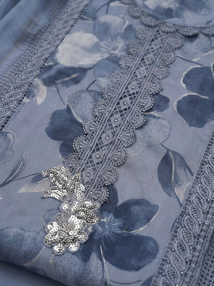 Grey Cotton Blend Embroidered Unstitched Dress Material