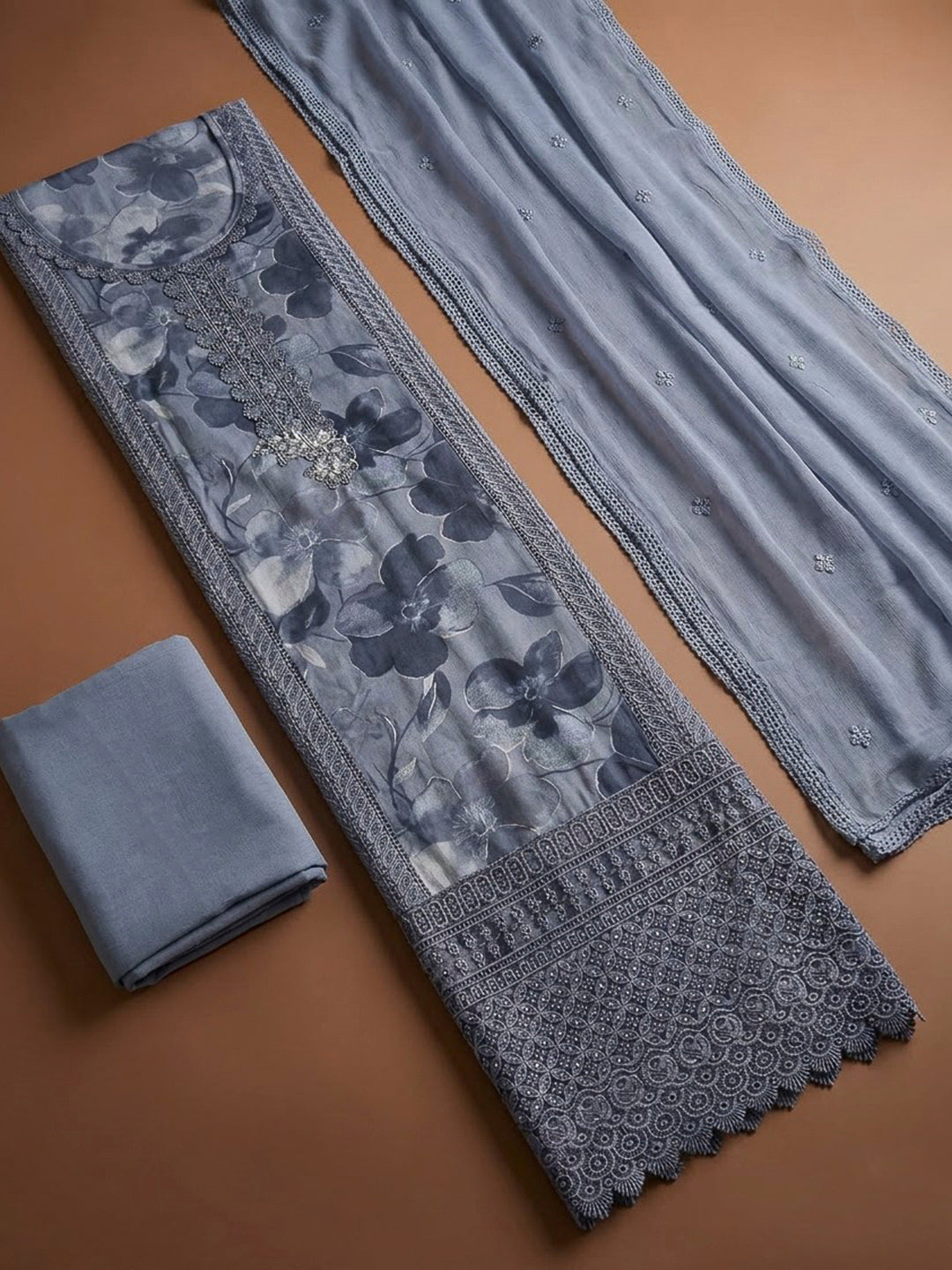 Grey Cotton Blend Embroidered Unstitched Dress Material