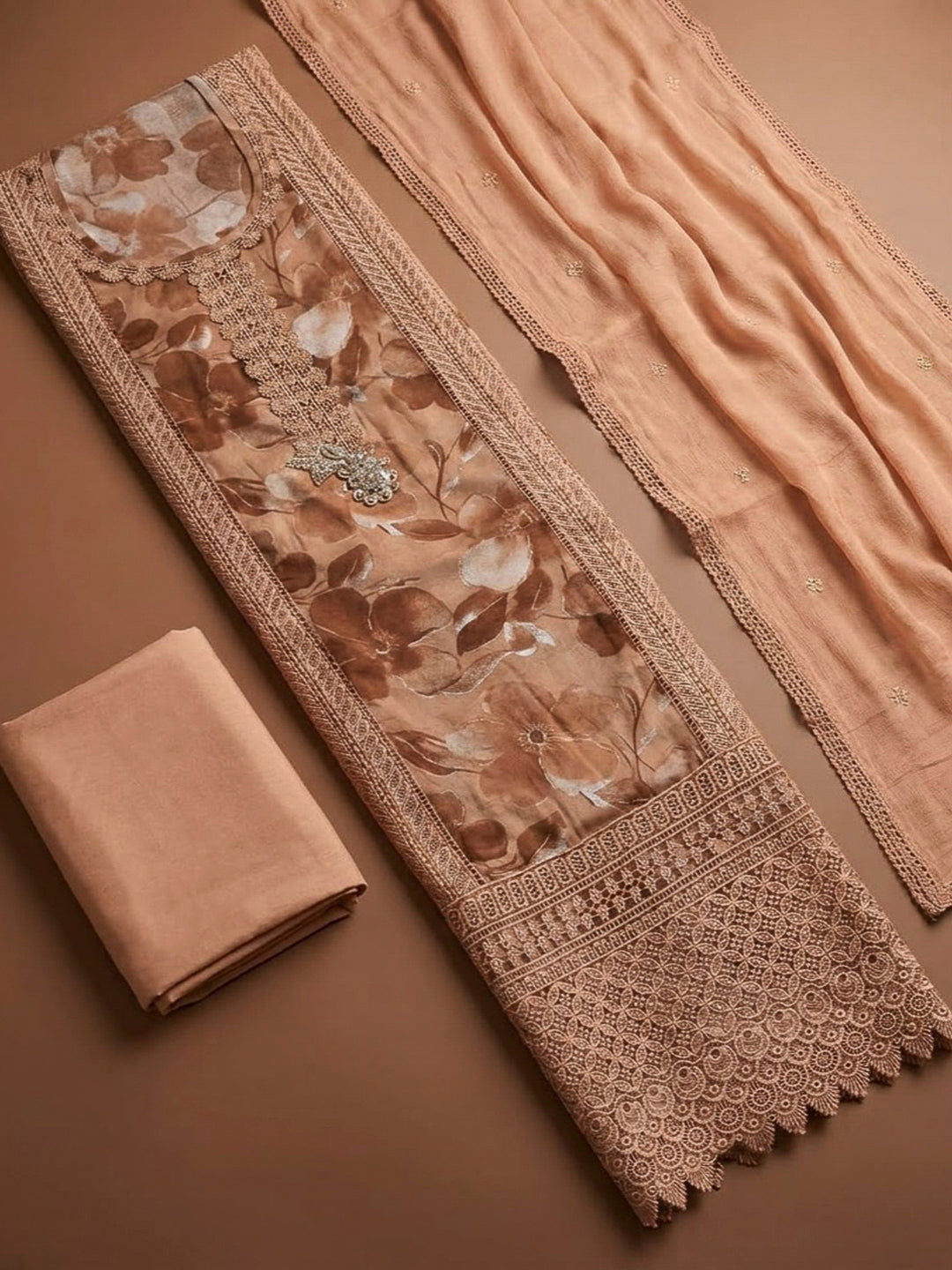 Rust Cotton Blend Embroidered Unstitched Dress Material