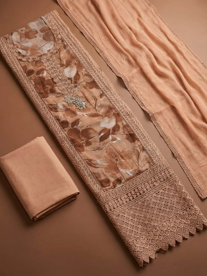 Rust Cotton Blend Embroidered Unstitched Dress Material