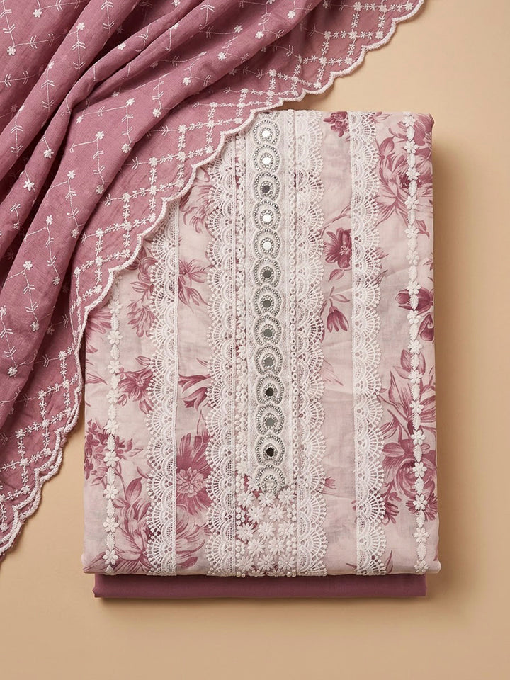 Onion Pink Cotton Blend Embroidered Unstitched Dress Material