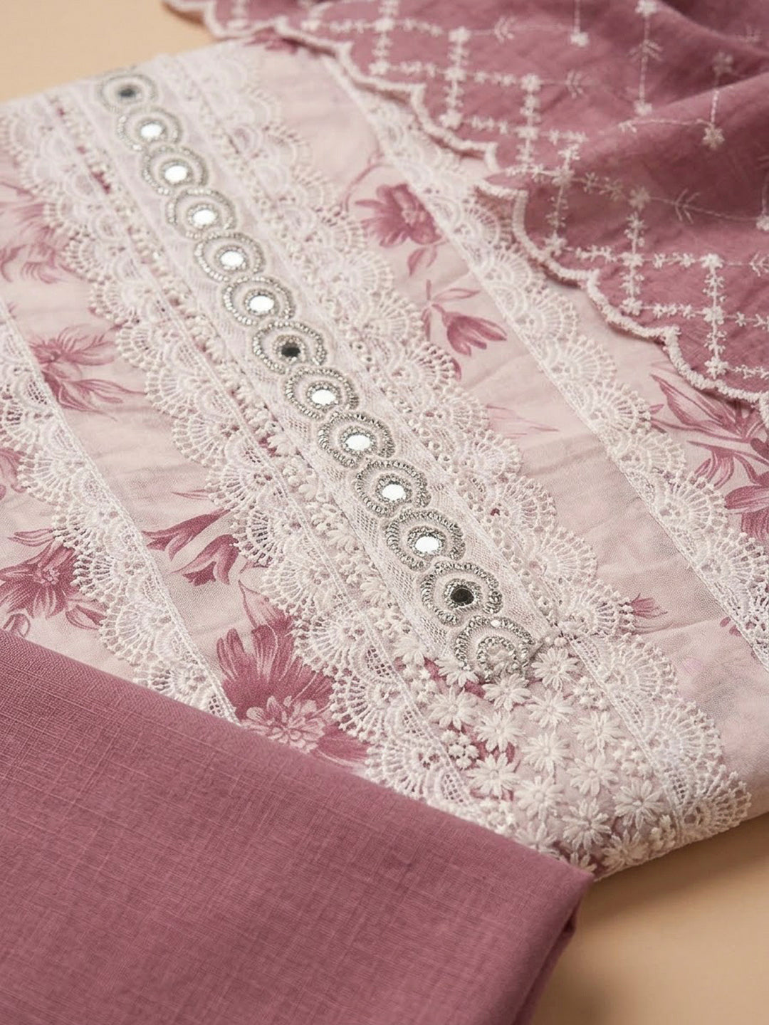 Onion Pink Cotton Blend Embroidered Unstitched Dress Material