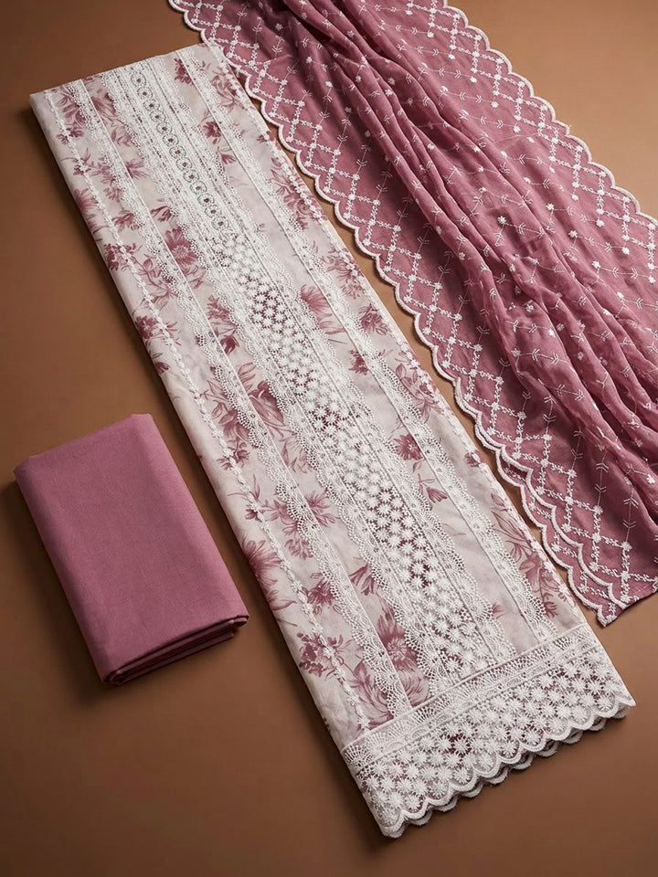 Onion Pink Cotton Blend Embroidered Unstitched Dress Material