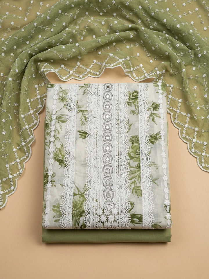 Pista Green Cotton Blend Embroidered Unstitched Dress Material