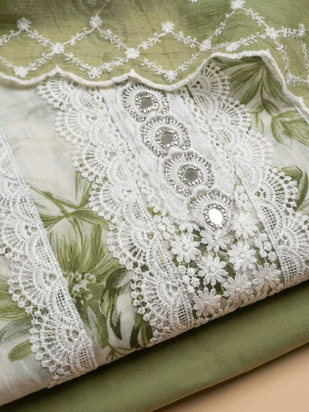 Pista Green Cotton Blend Embroidered Unstitched Dress Material
