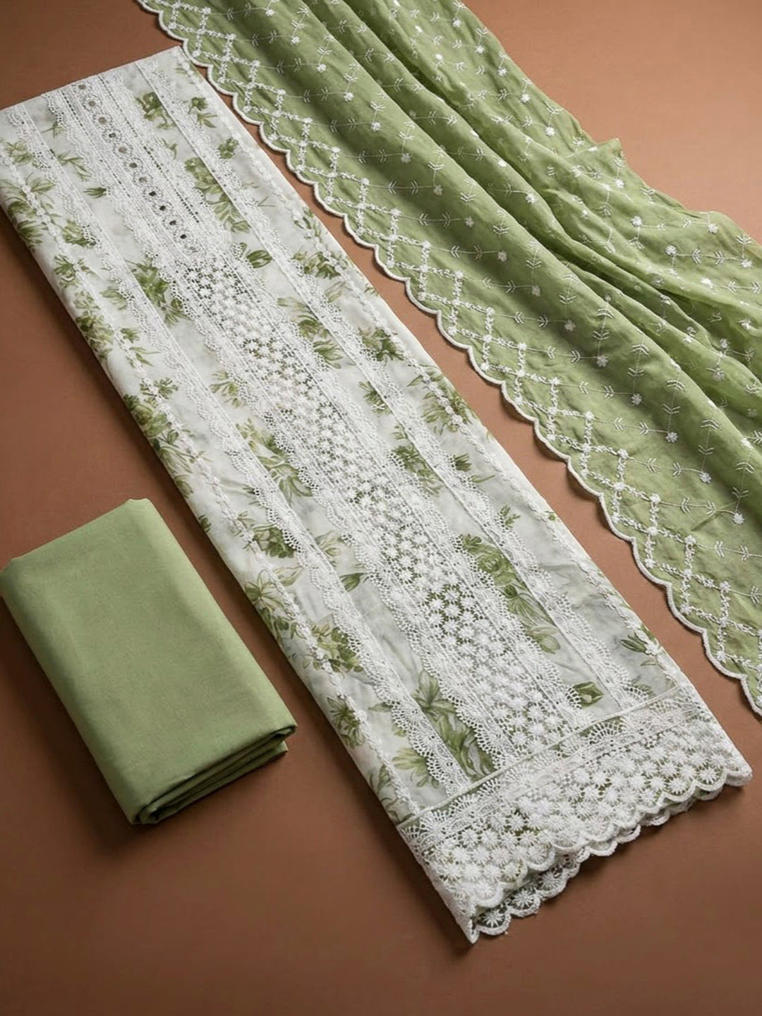 Pista Green Cotton Blend Embroidered Unstitched Dress Material