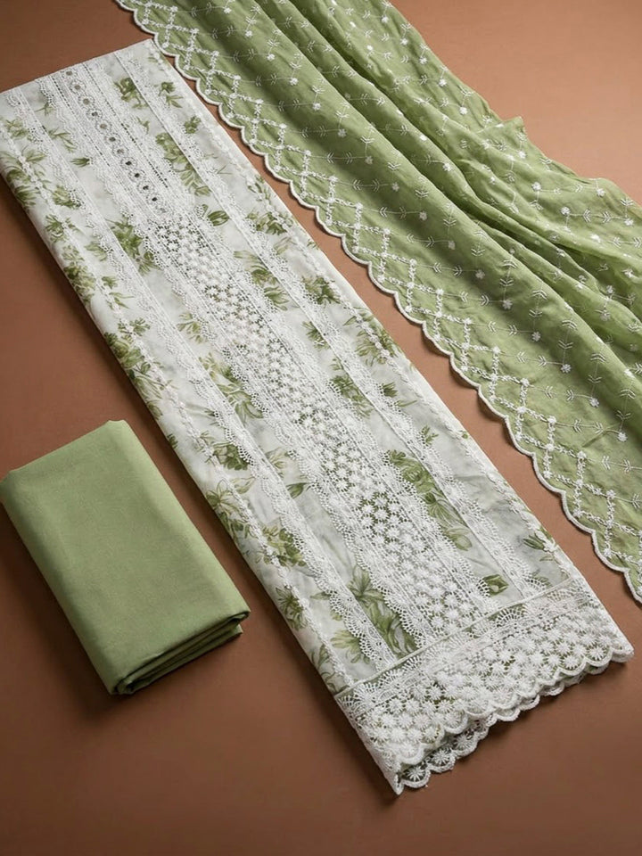 Pista Green Cotton Blend Embroidered Unstitched Dress Material