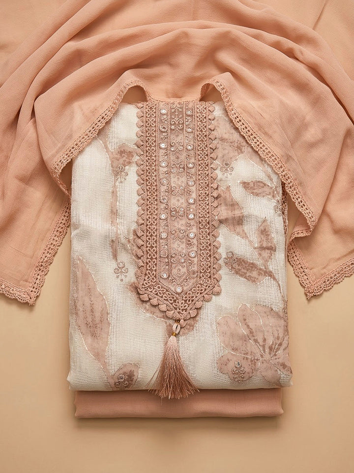 Peach Cotton Blend Embroidered Unstitched Dress Material