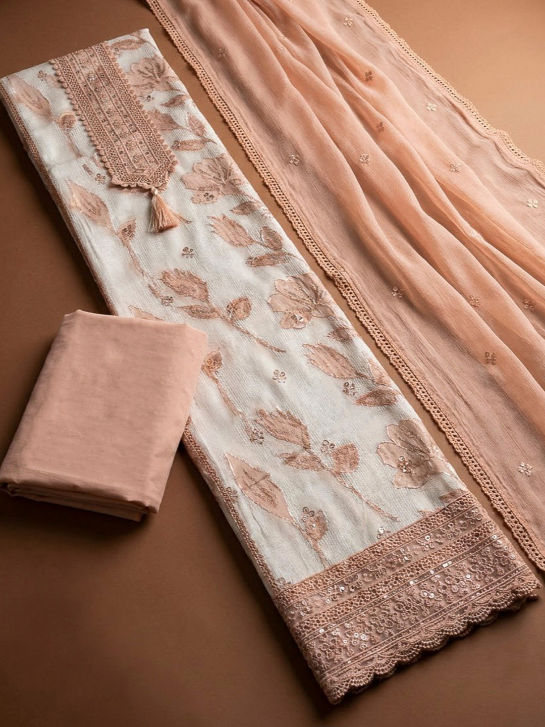 Peach Cotton Blend Embroidered Unstitched Dress Material