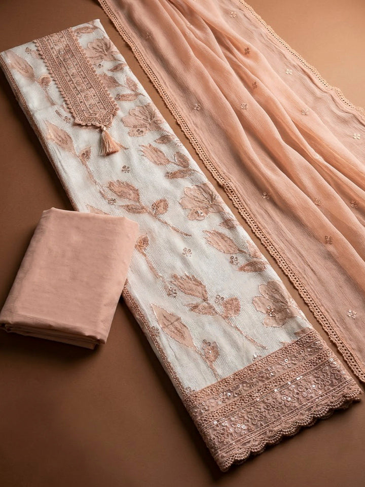 Peach Cotton Blend Embroidered Unstitched Dress Material