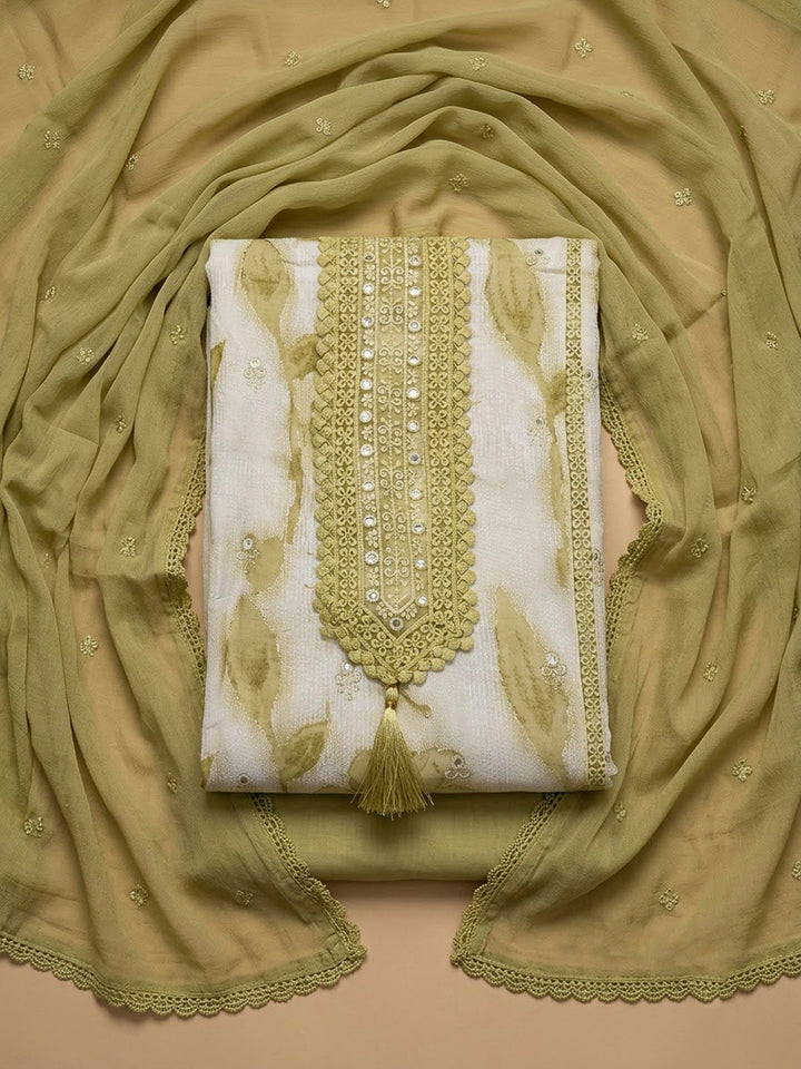 Pista Green Cotton Blend Embroidered Unstitched Dress Material