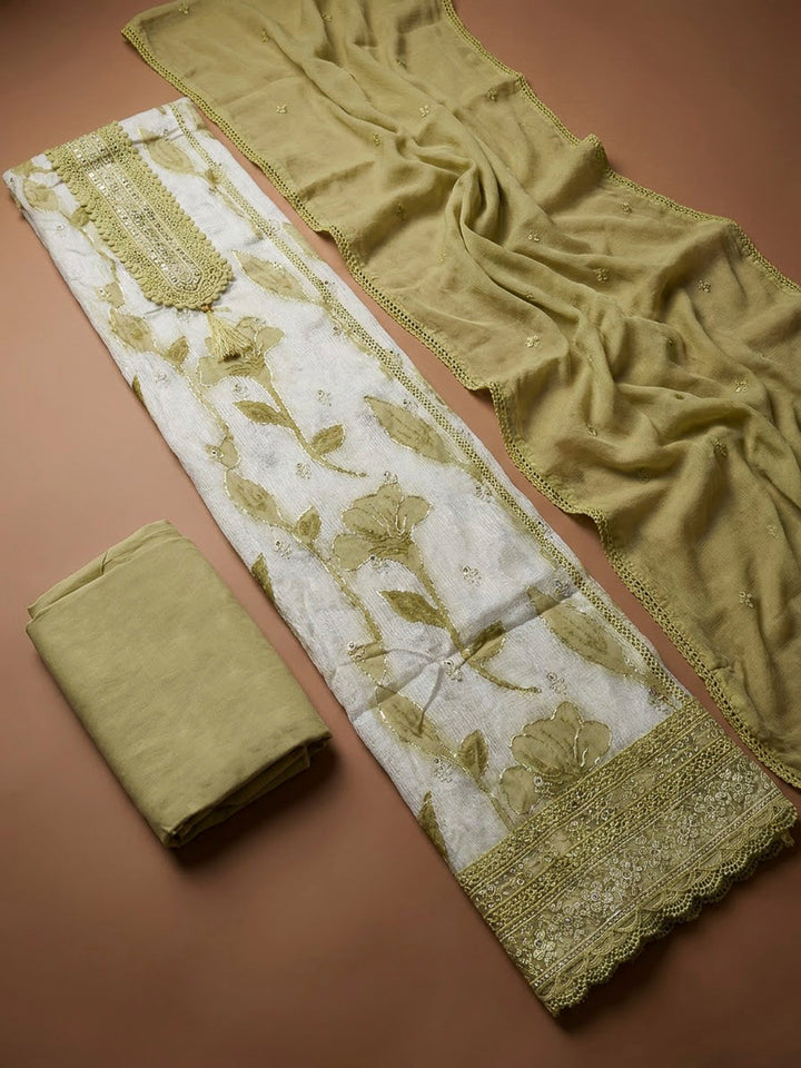 Pista Green Cotton Blend Embroidered Unstitched Dress Material
