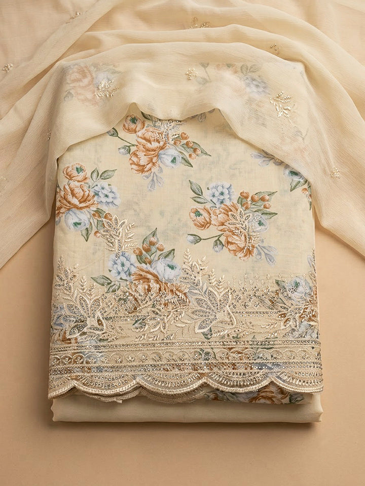 Cream Cotton Blend Printed Unstitched Dress Material