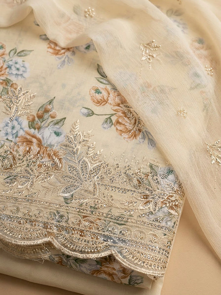 Cream Cotton Blend Printed Unstitched Dress Material