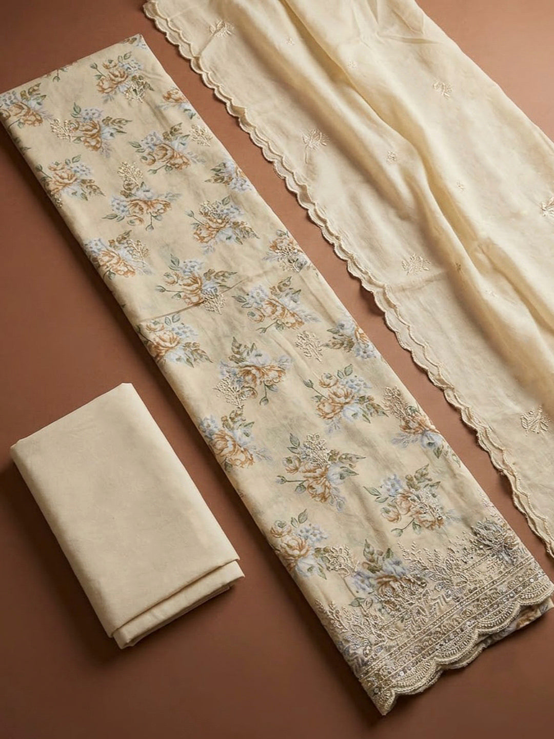 Cream Cotton Blend Printed Unstitched Dress Material