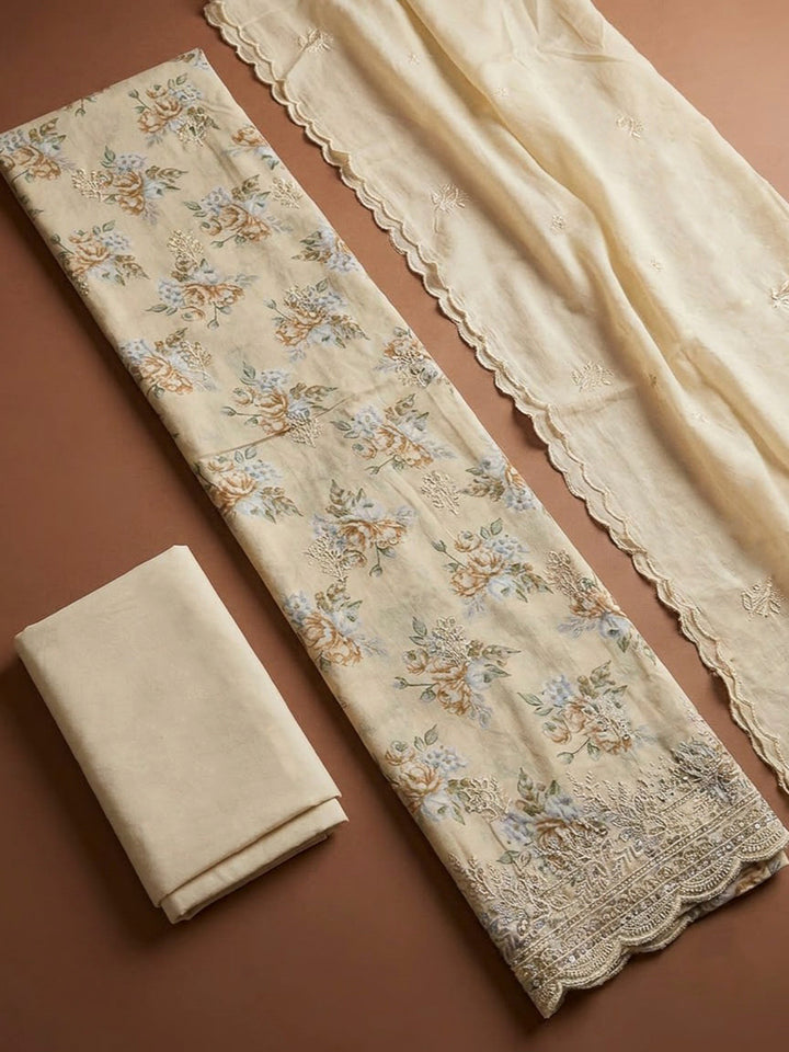 Cream Cotton Blend Printed Unstitched Dress Material