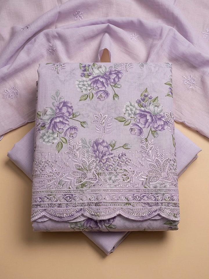 Lavender Cotton Blend Printed Unstitched Dress Material