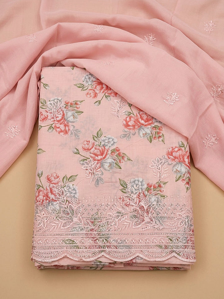 Peach Cotton Blend Printed Unstitched Dress Material