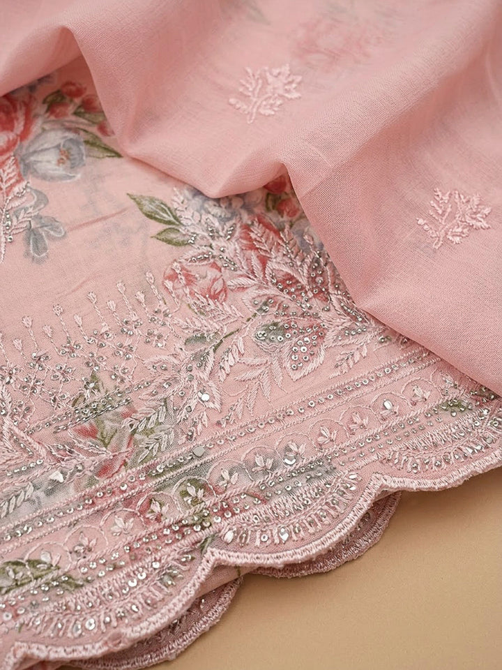 Peach Cotton Blend Printed Unstitched Dress Material