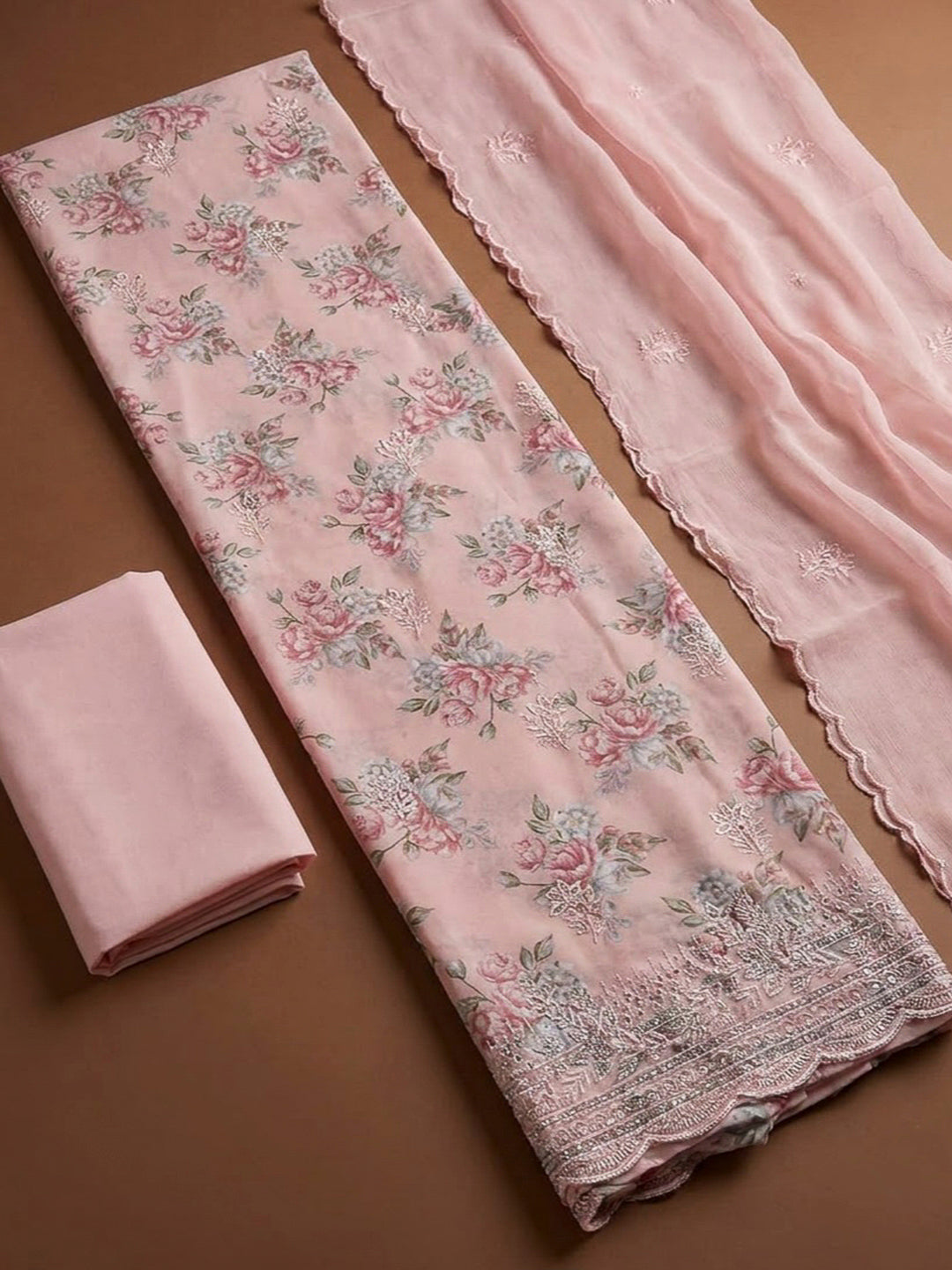 Peach Cotton Blend Printed Unstitched Dress Material