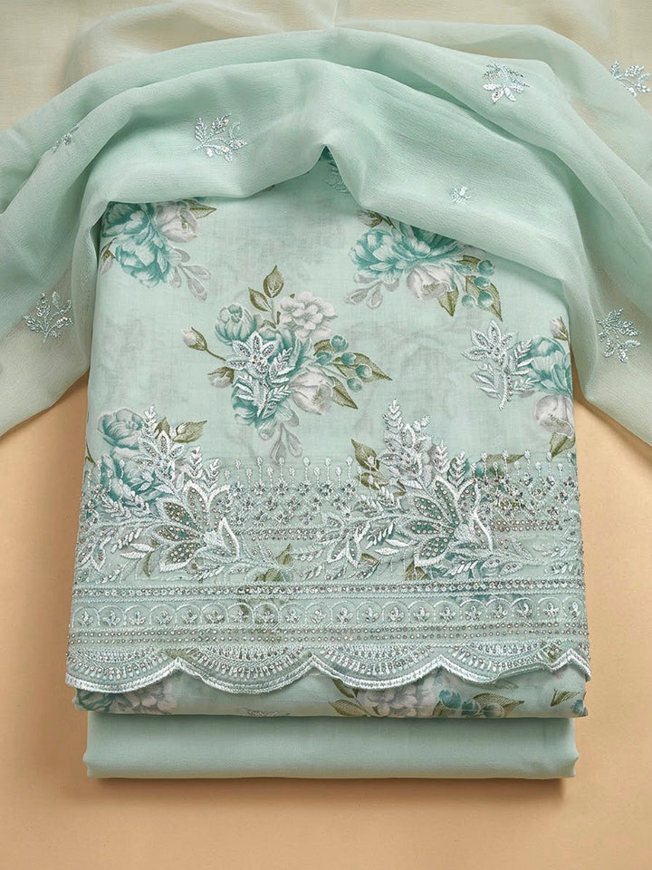 Sky Blue Cotton Blend Printed Unstitched Dress Material