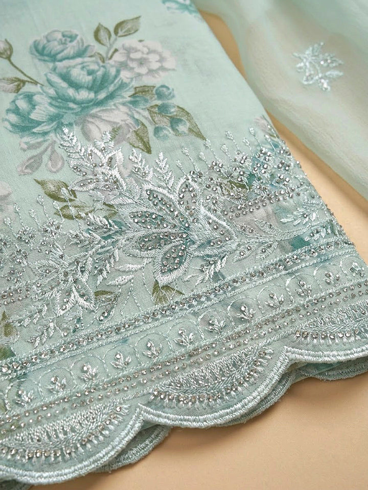 Sky Blue Cotton Blend Printed Unstitched Dress Material