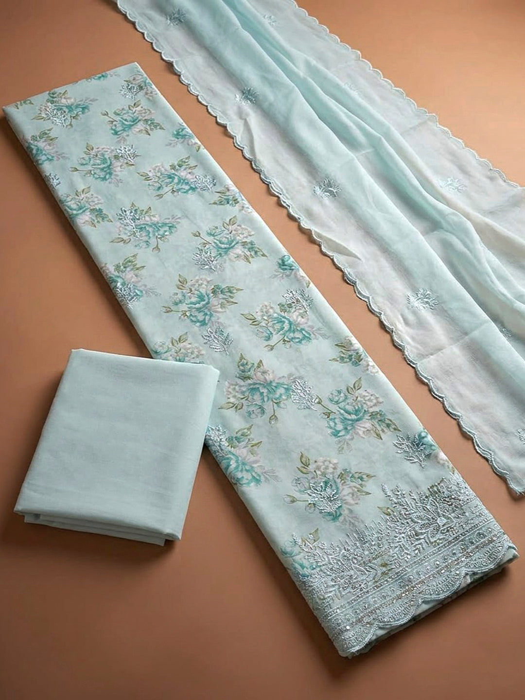 Sky Blue Cotton Blend Printed Unstitched Dress Material
